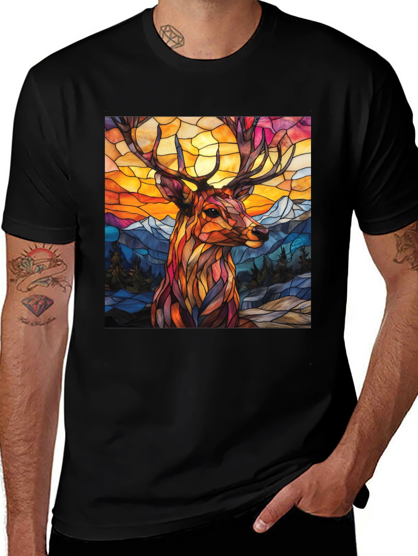Variant 27 of Stained Glass Deer Graphic Tee - Nature Art Shirt