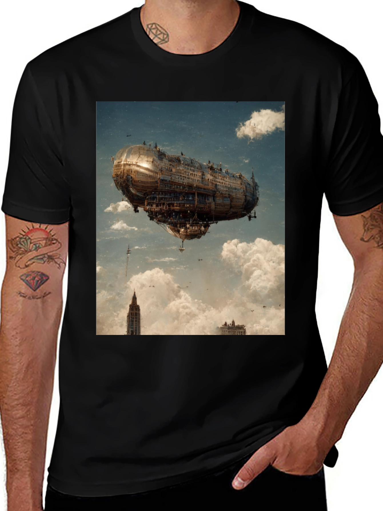 Variant 30 of Steampunk Airship Graphic Tee - Black Cotton Blend