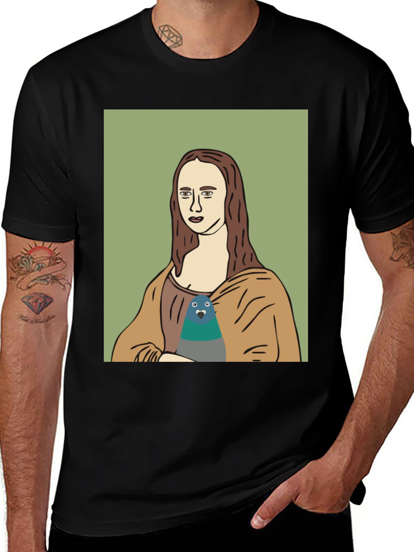 Variant 8 of Mona Lisa Pigeon Graphic Tee - Black T-Shirt