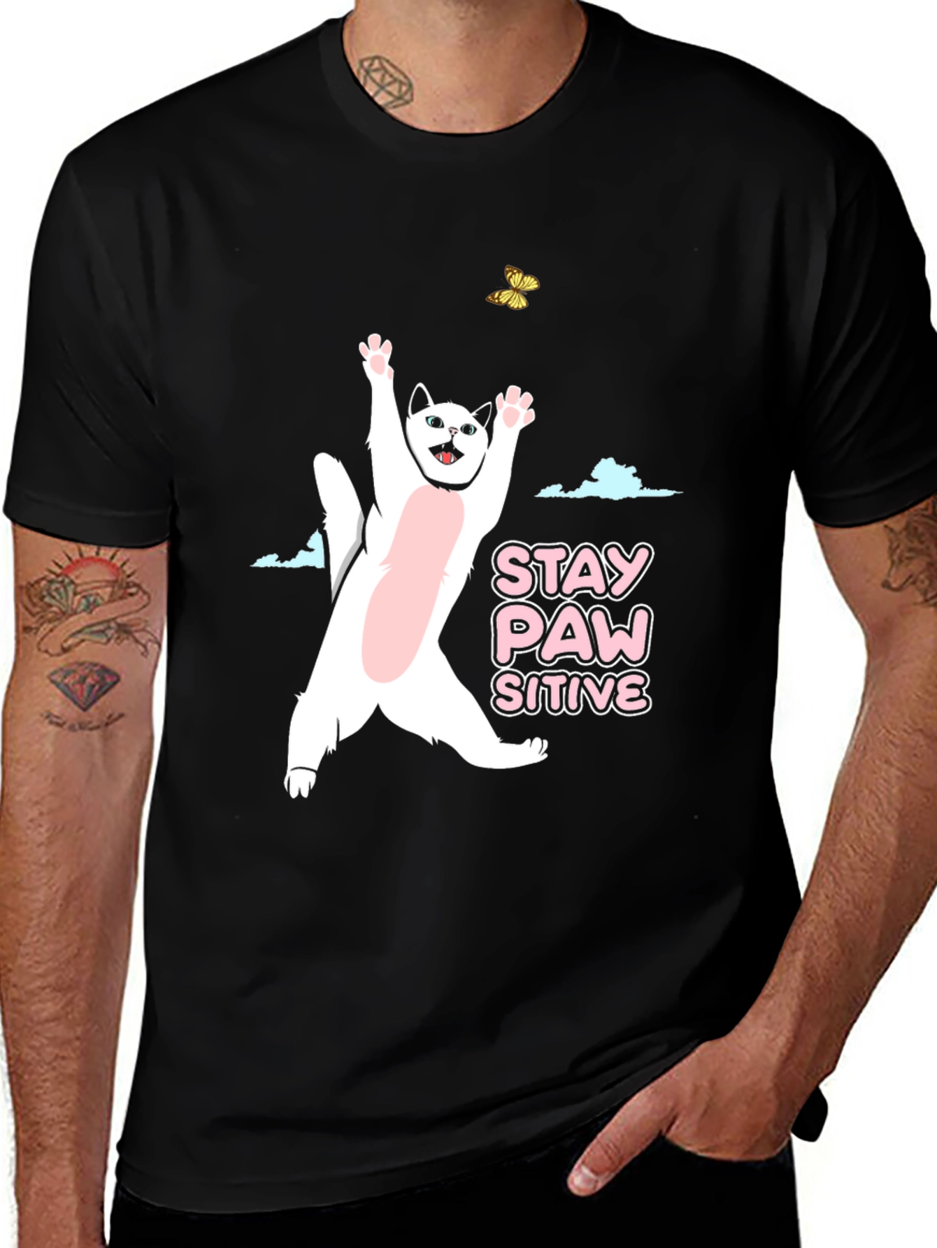 Variant 13 of Stay Paw-sitive Cat T-Shirt - Funny Graphic Tee