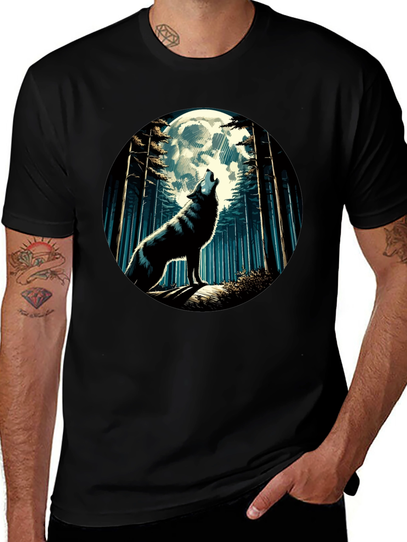 Variant 28 of Wolf Moon Graphic Tee - Men's Black Cotton T-Shirt