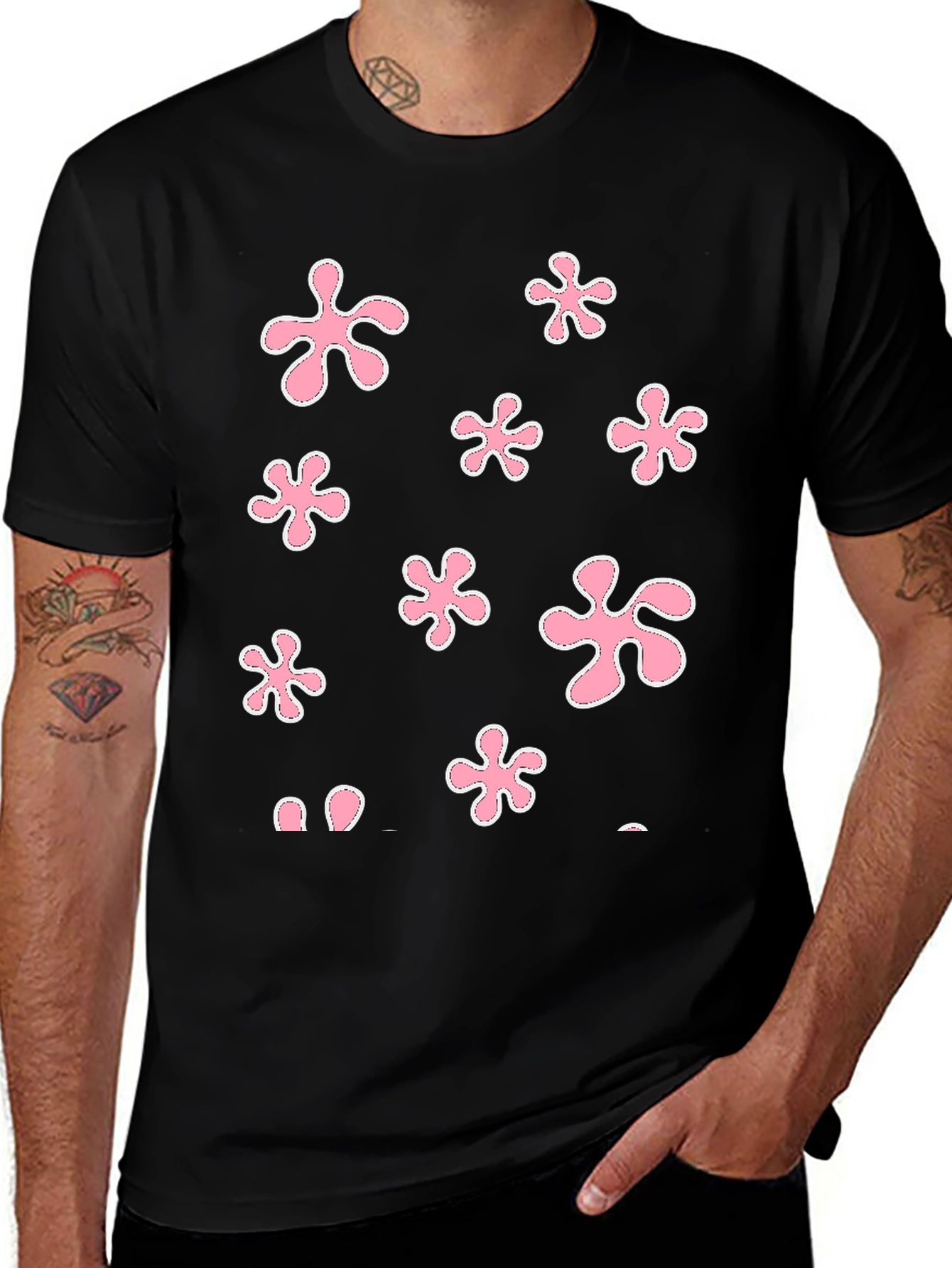 Pink Flower Power Black T-Shirt