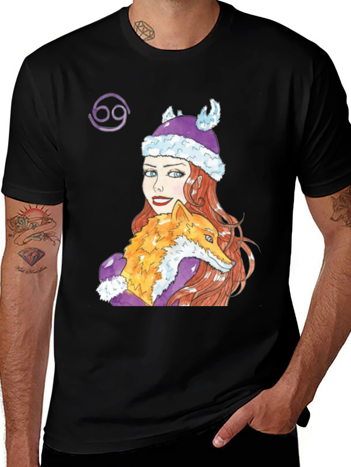 Variant 24 of Cancer Zodiac Tee with Fox and Girl Design