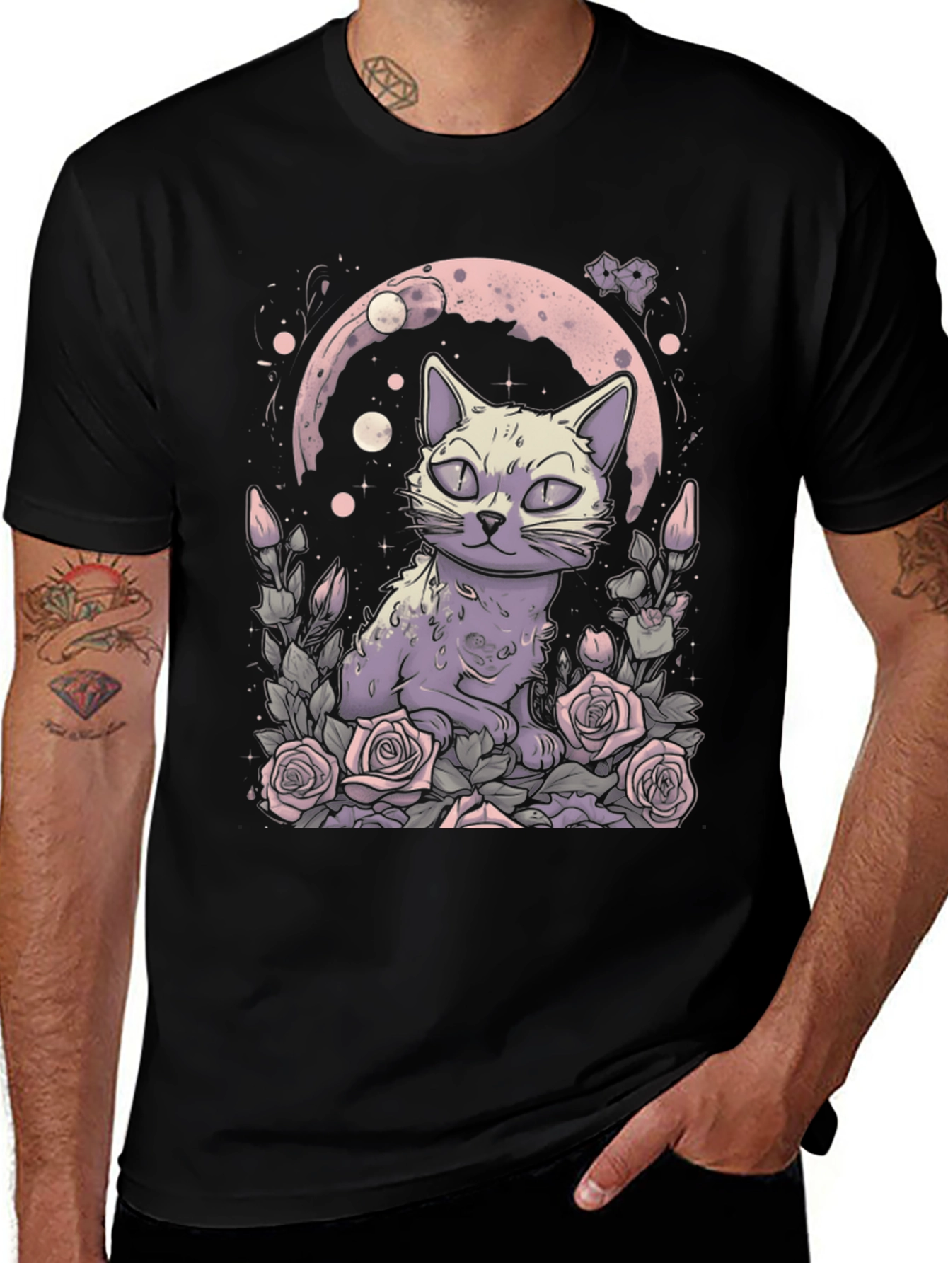 Variant 11 of Whimsical Cat Moon Roses Graphic Tee