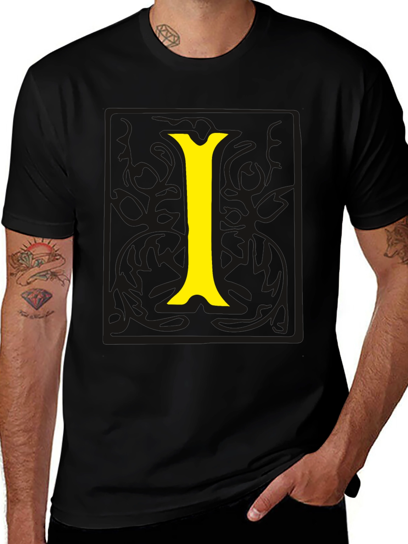 Variant 28 of Black Tee with Yellow Letter I Graphic