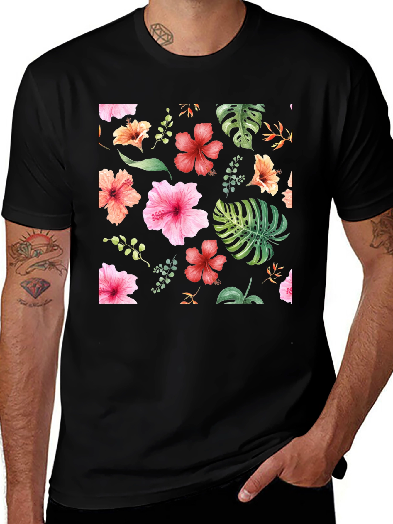 Floral Print Black T-Shirt - Tropical Style
