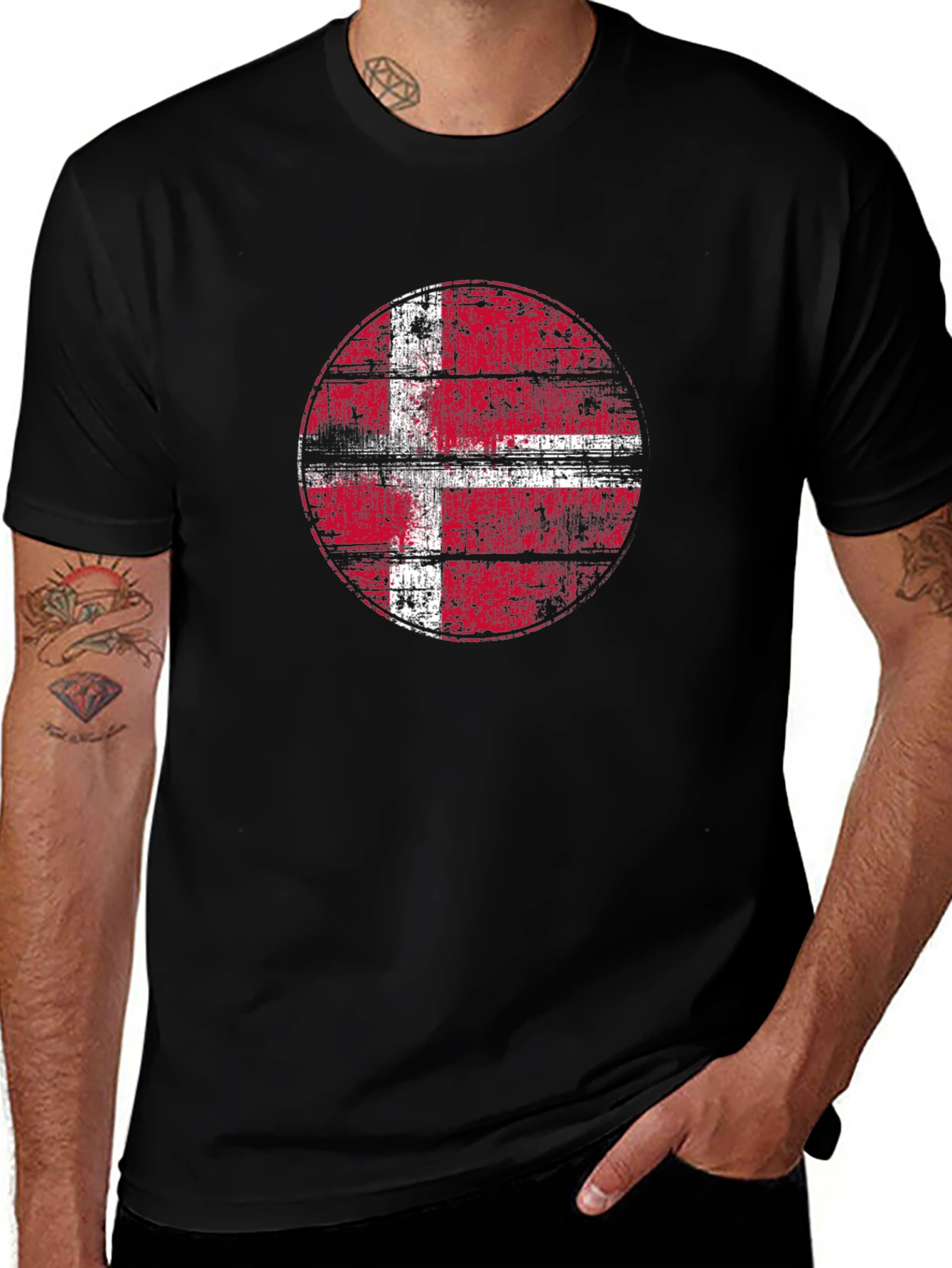 Variant 2 of Distressed Denmark Flag Graphic Tee - Black