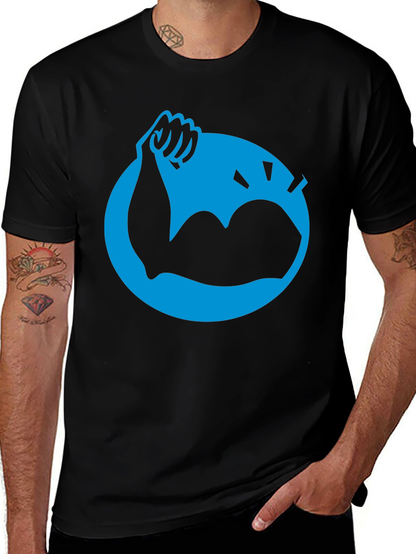 Variant 17 of Black T-Shirt with Blue Muscle Arm Graphic