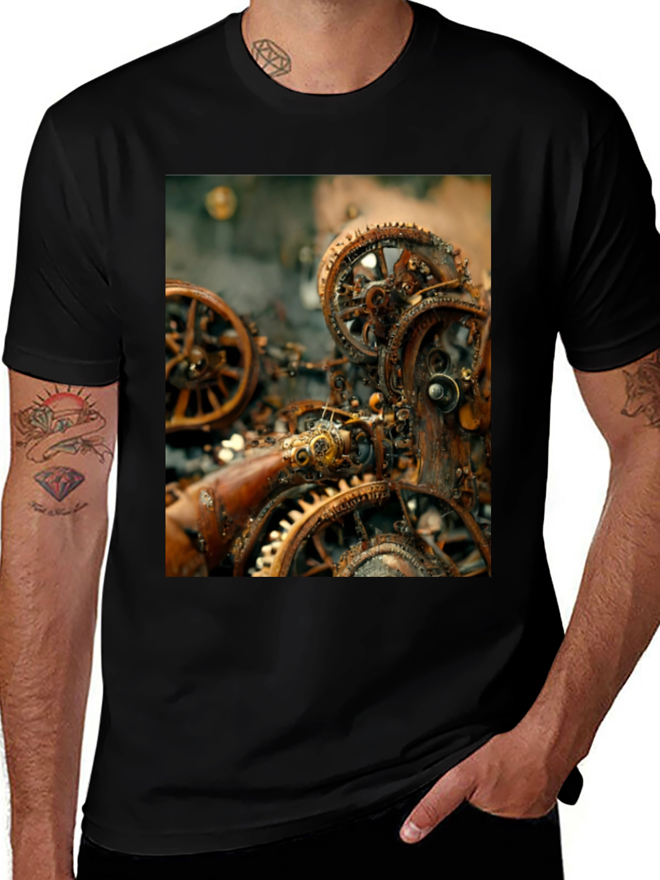 Black Steampunk Gears Graphic Tee - Black Cotton T-Shirt main image