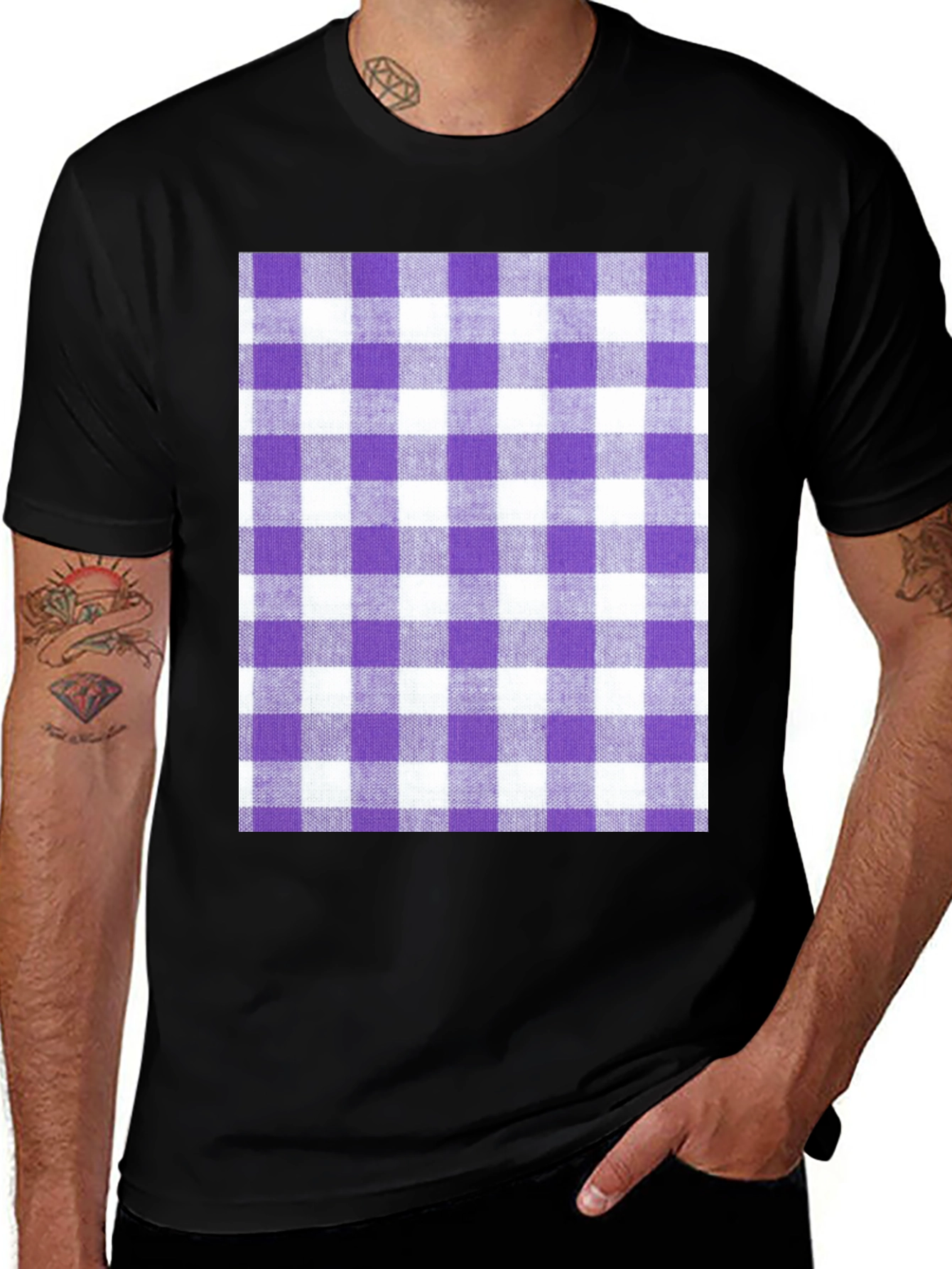 Purple Gingham Print Black T-Shirt