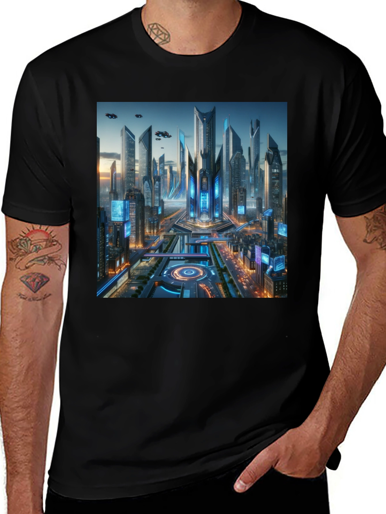 Black Futuristic Cityscape Graphic Black T-Shirt main image