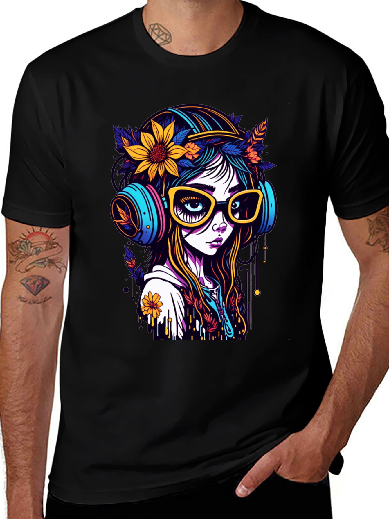 Variant 4 of Groovy Girl Tee - Colorful Headphones & Floral Design