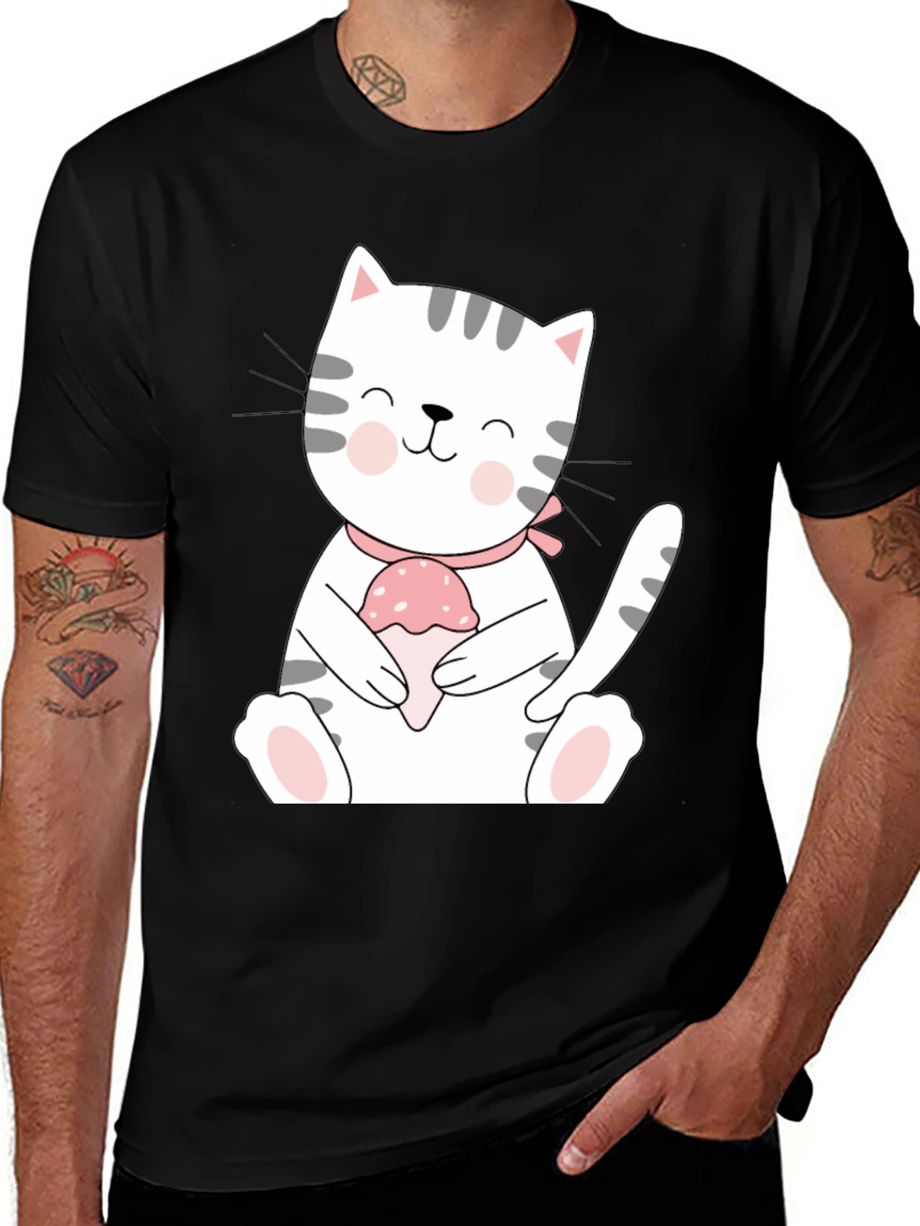 Variant 19 of Cute Cat with Ice Cream Graphic Tee - Black Cotton Comfort