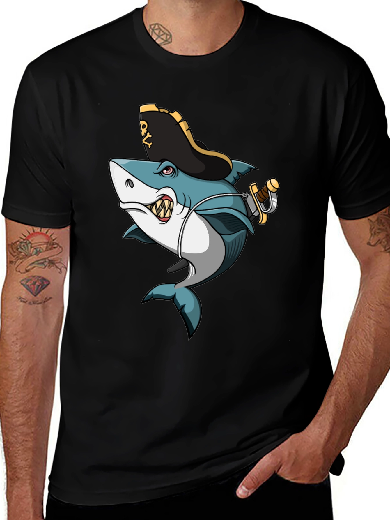 Variant 3 of Pirate Shark Graphic Tee - Men's Black T-Shirt