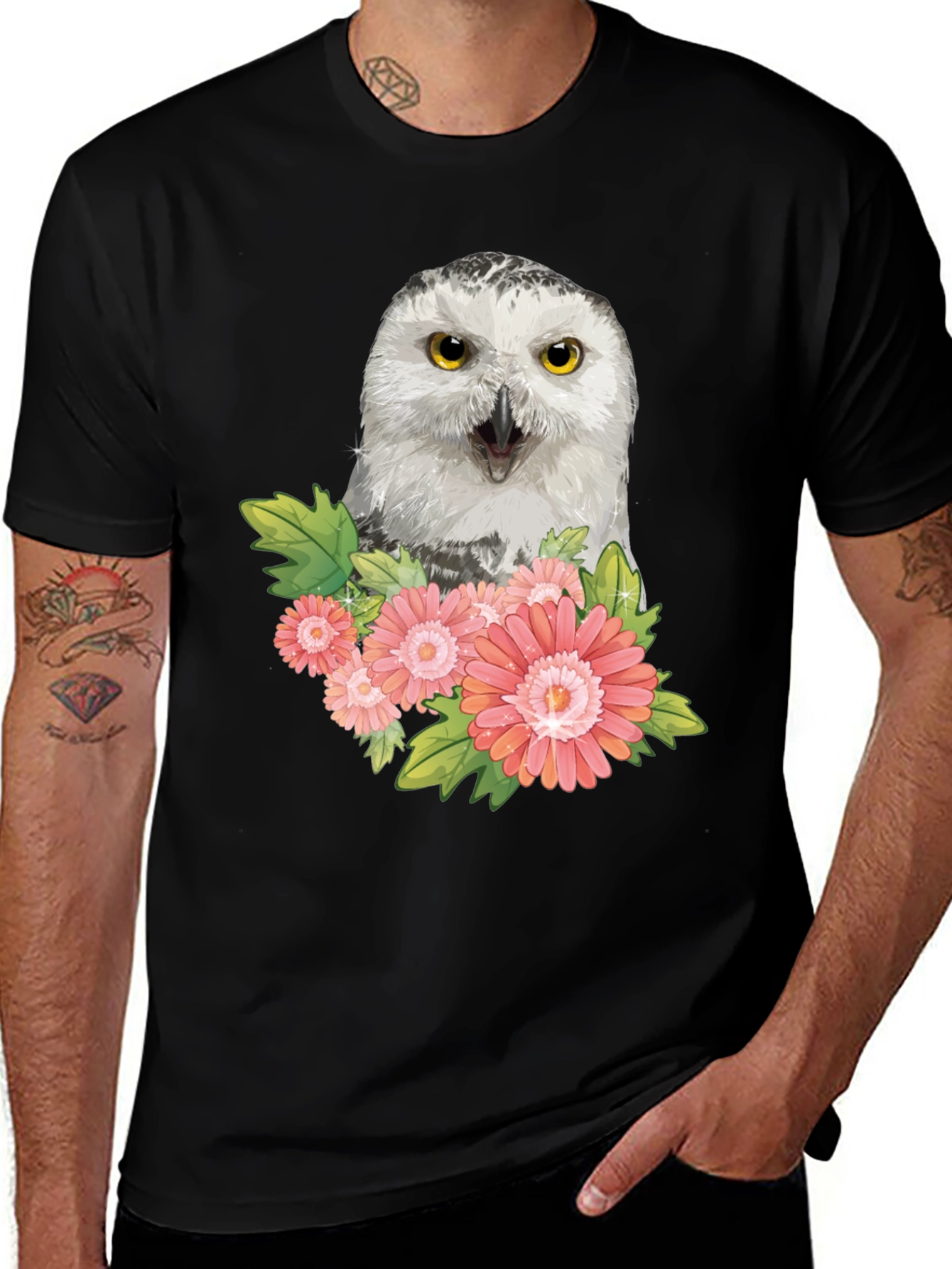 Variant 15 of Owl & Flower Graphic Tee - Black Cotton Blend