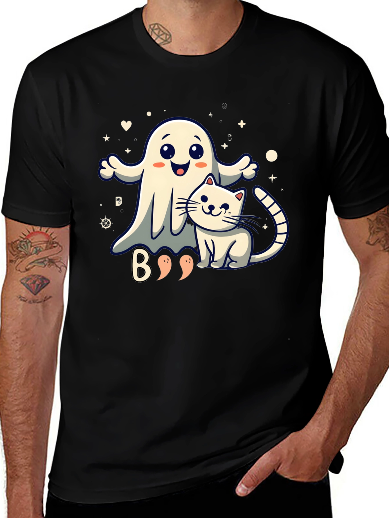 Cute Halloween Ghost & Cat Black T-Shirt