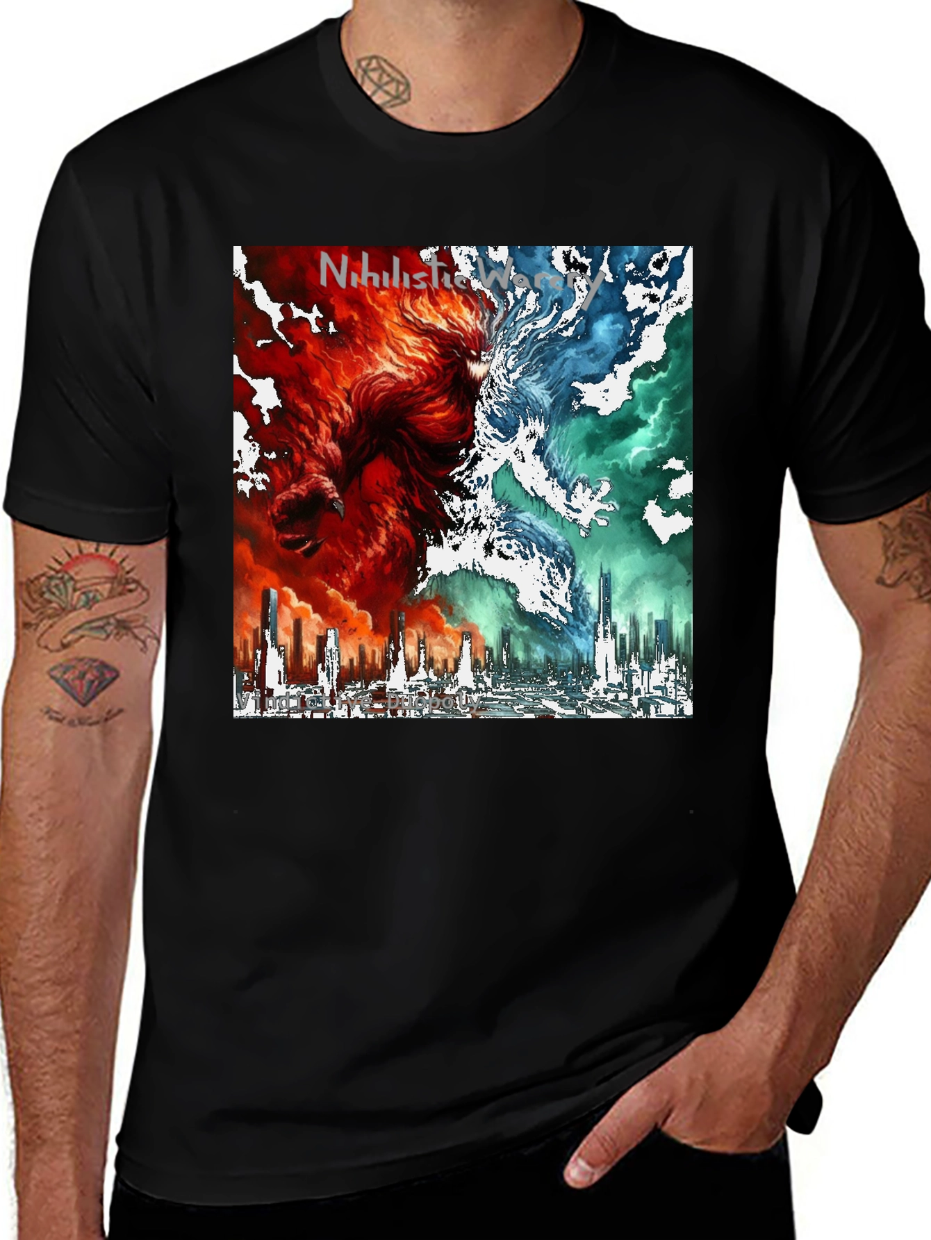 Variant 12 of Dual Nature Graphic Tee - Fire & Ice Cityscape