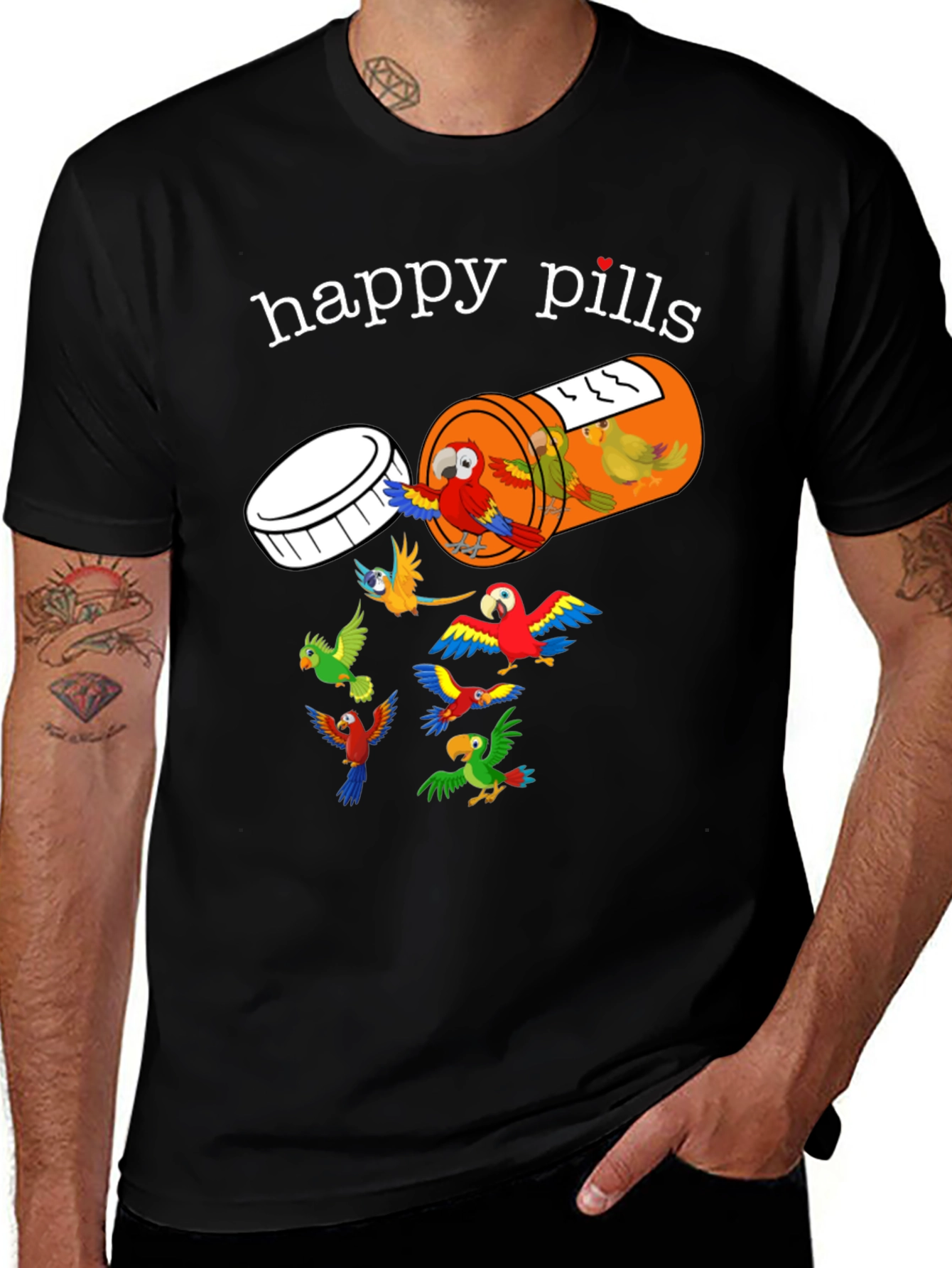 Variant 6 of Happy Pills Parrot T-Shirt - Fun Graphic Tee