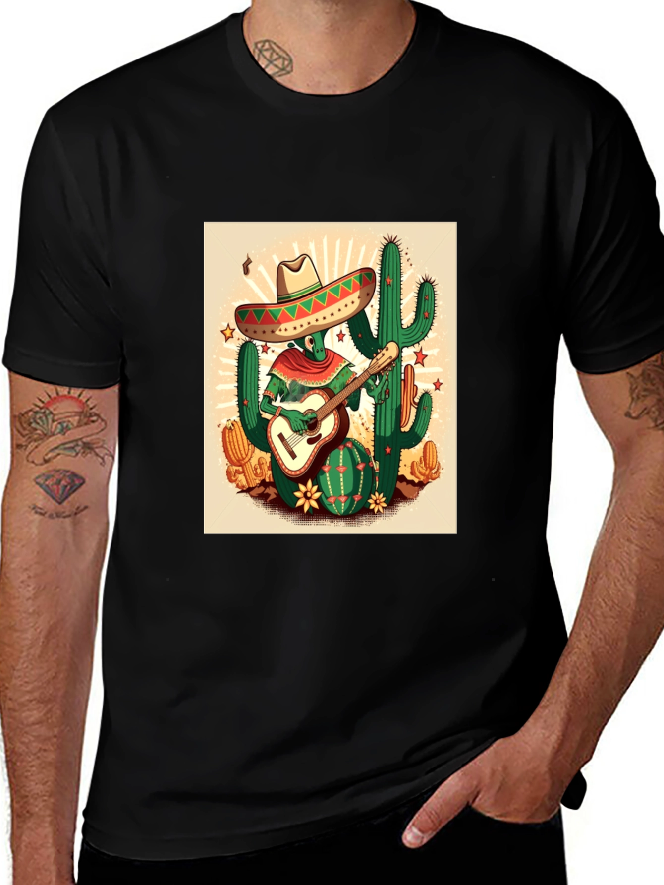 Variant 22 of Cactus Guitarist Graphic Tee - Men's Black T-Shirt