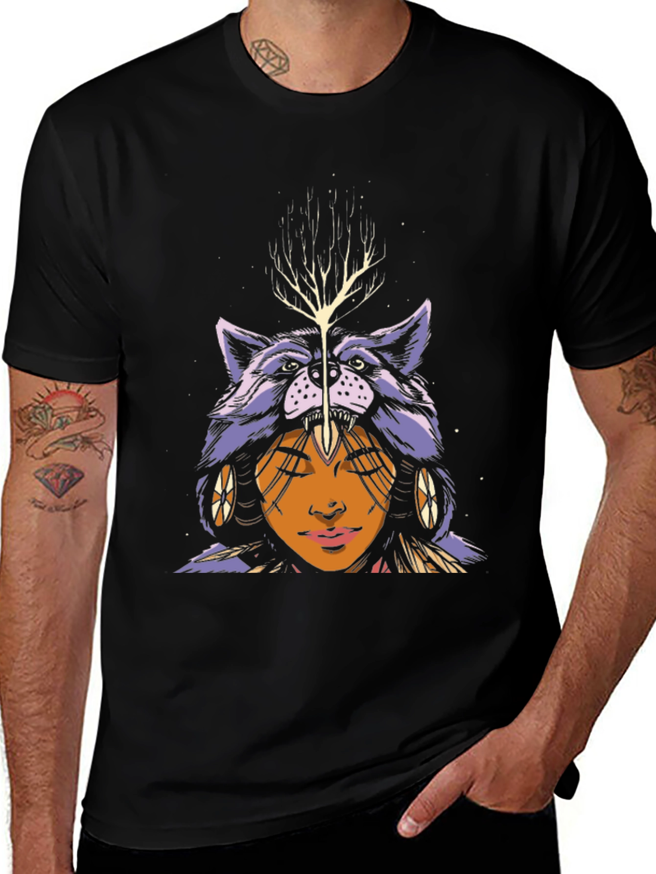 Variant 12 of Wolf Headdress Graphic Tee - Unisex Black T-Shirt