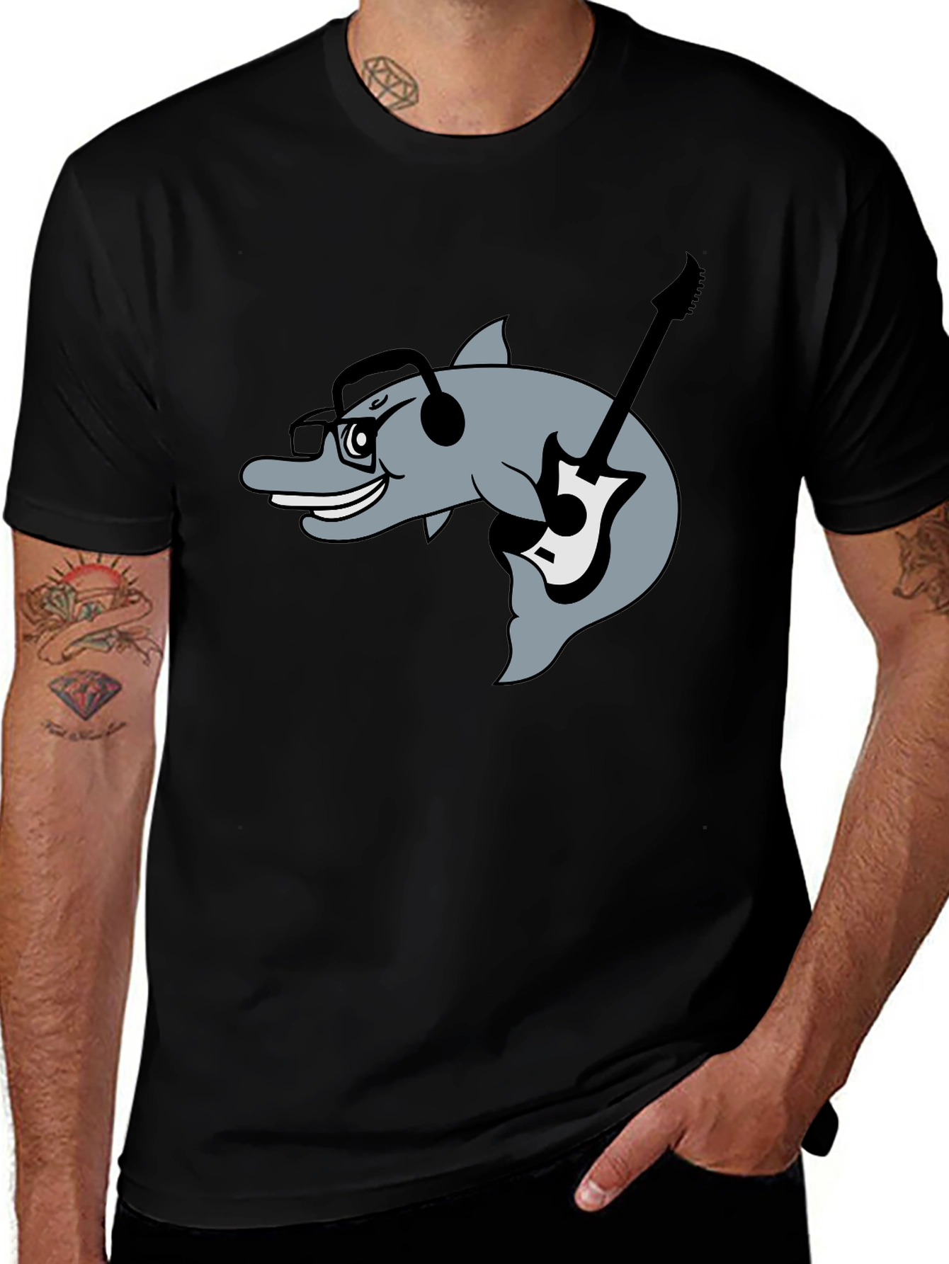 Variant 25 of Dolphin Guitarist Graphic Tee - Black Cotton Comfort
