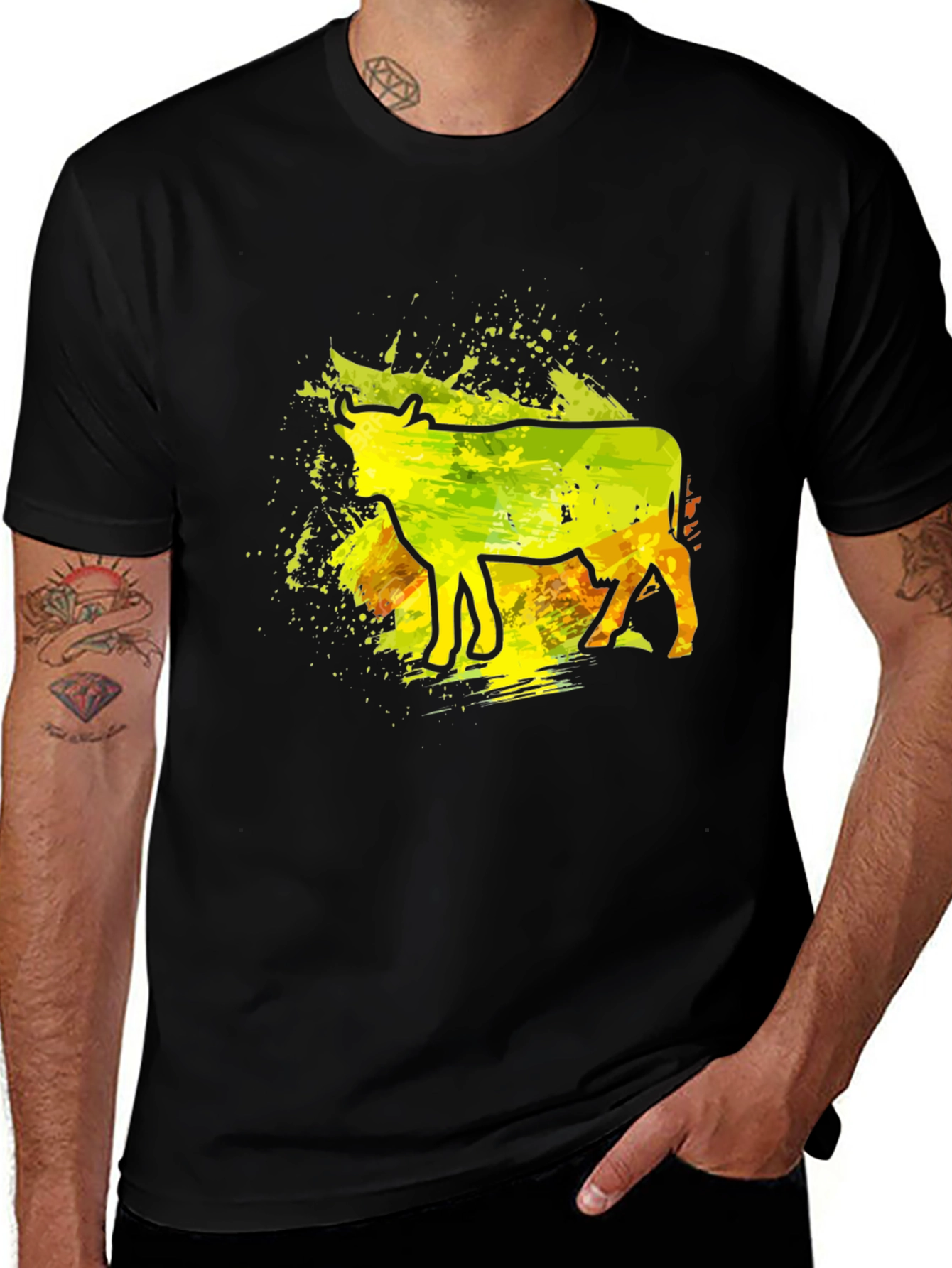 Variant 28 of Graphic Cow Tee - Trendy Watercolor Splash Design