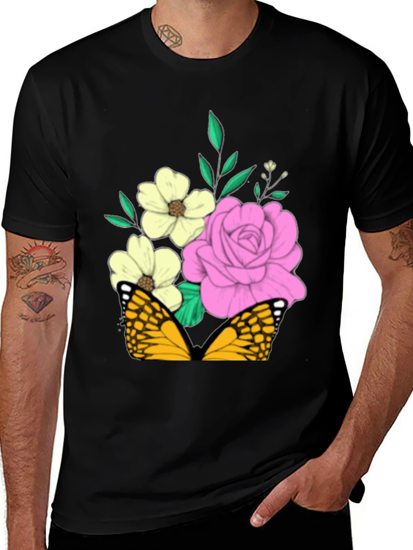 Floral Butterfly Graphic Tee - Stylish Men's Black T-Shirt