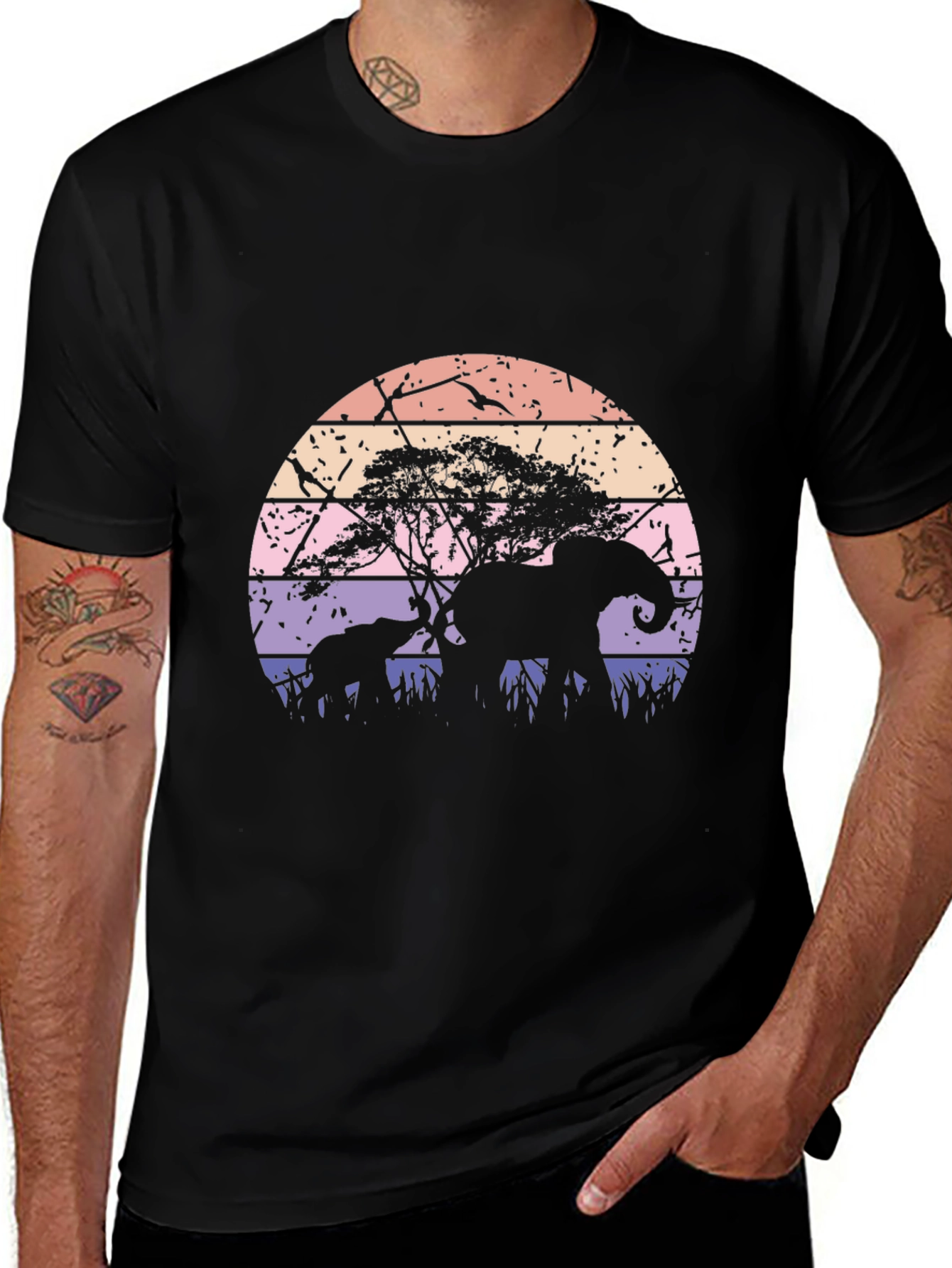 Variant 18 of Elephant Sunset Graphic Tee - Black Cotton Blend