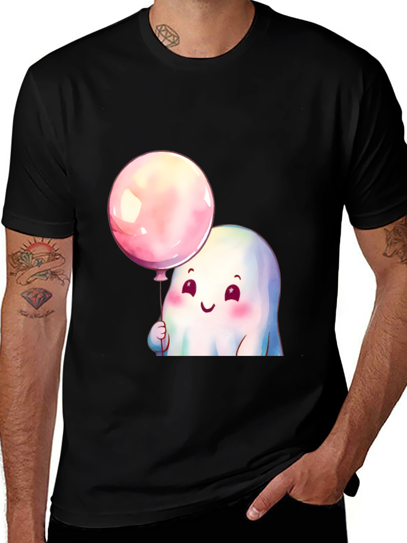 Variant 14 of Cute Ghost Holding Balloon Graphic Tee - Black