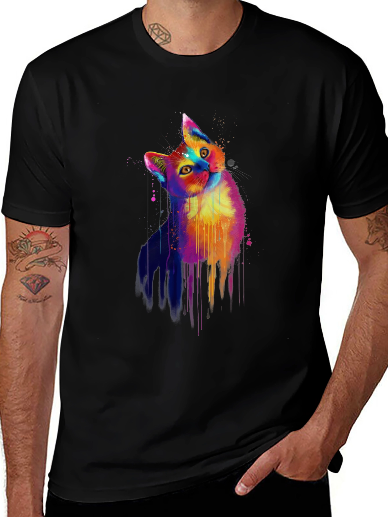 Variant 29 of Colorful Cat Graphic Print Black T-Shirt