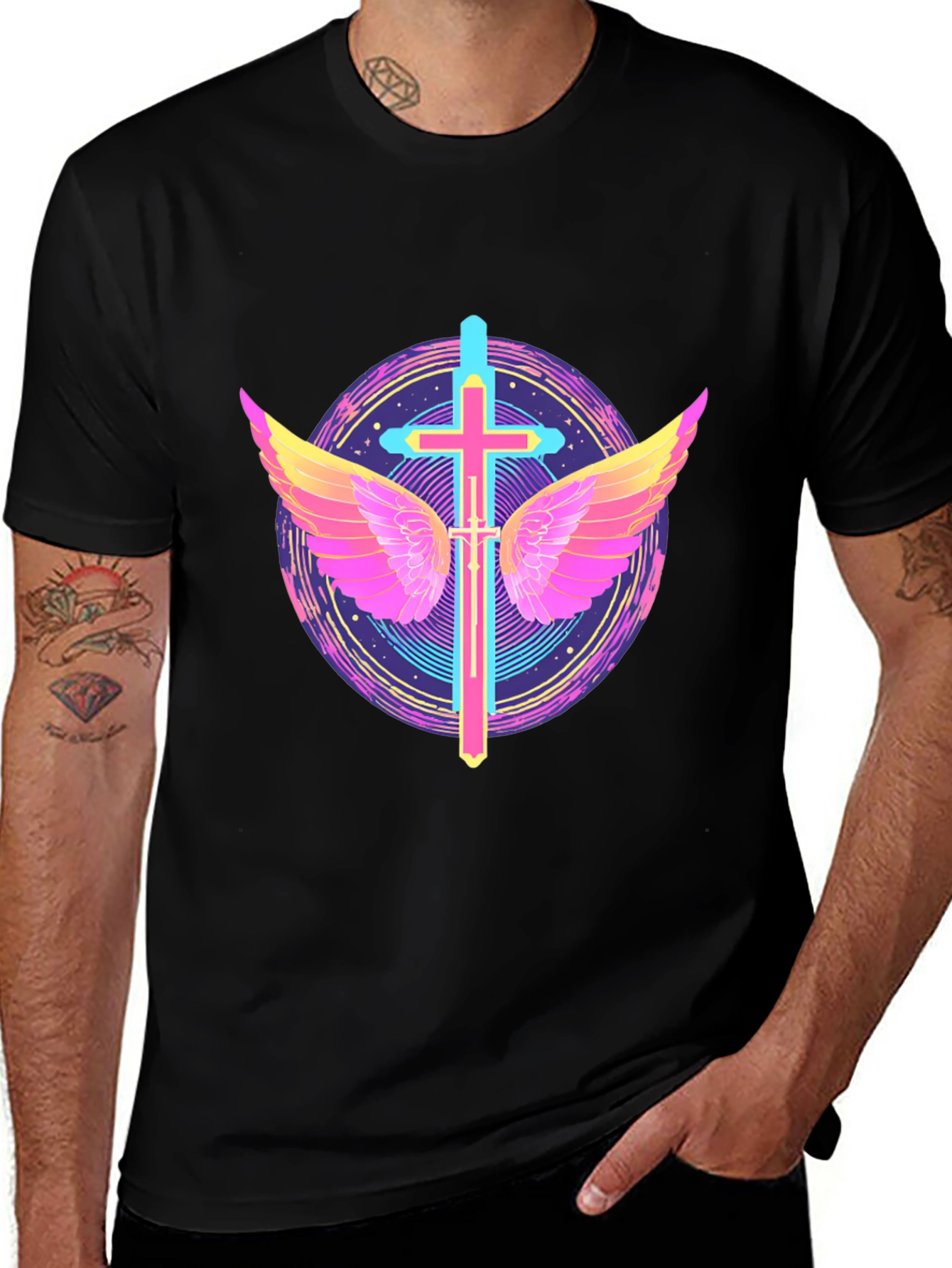 Variant 9 of Neon Cross & Wings Graphic Black T-Shirt