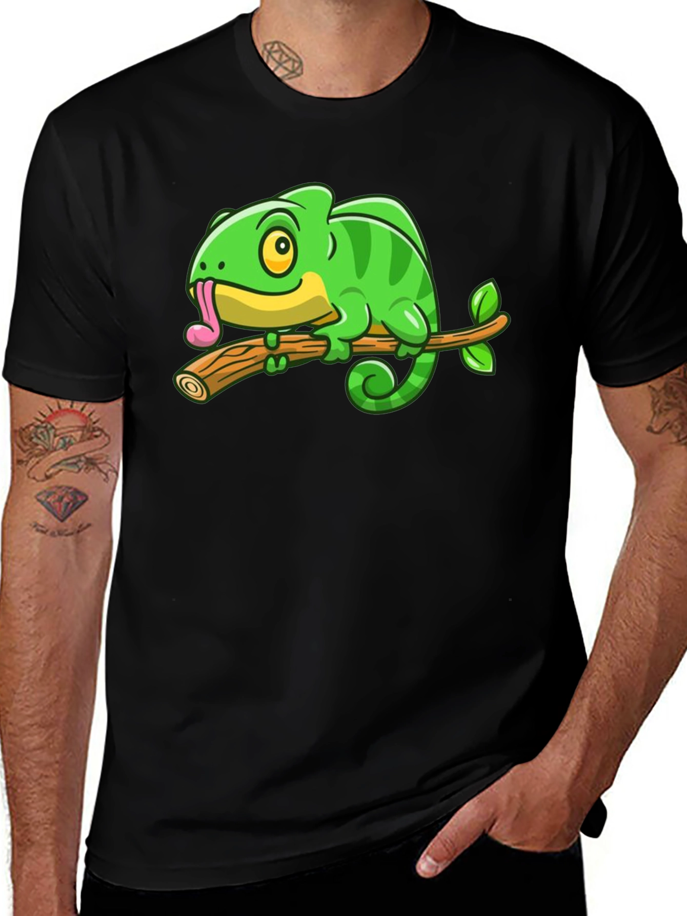 Variant 14 of Cartoon Chameleon on Branch Graphic Tee - Black