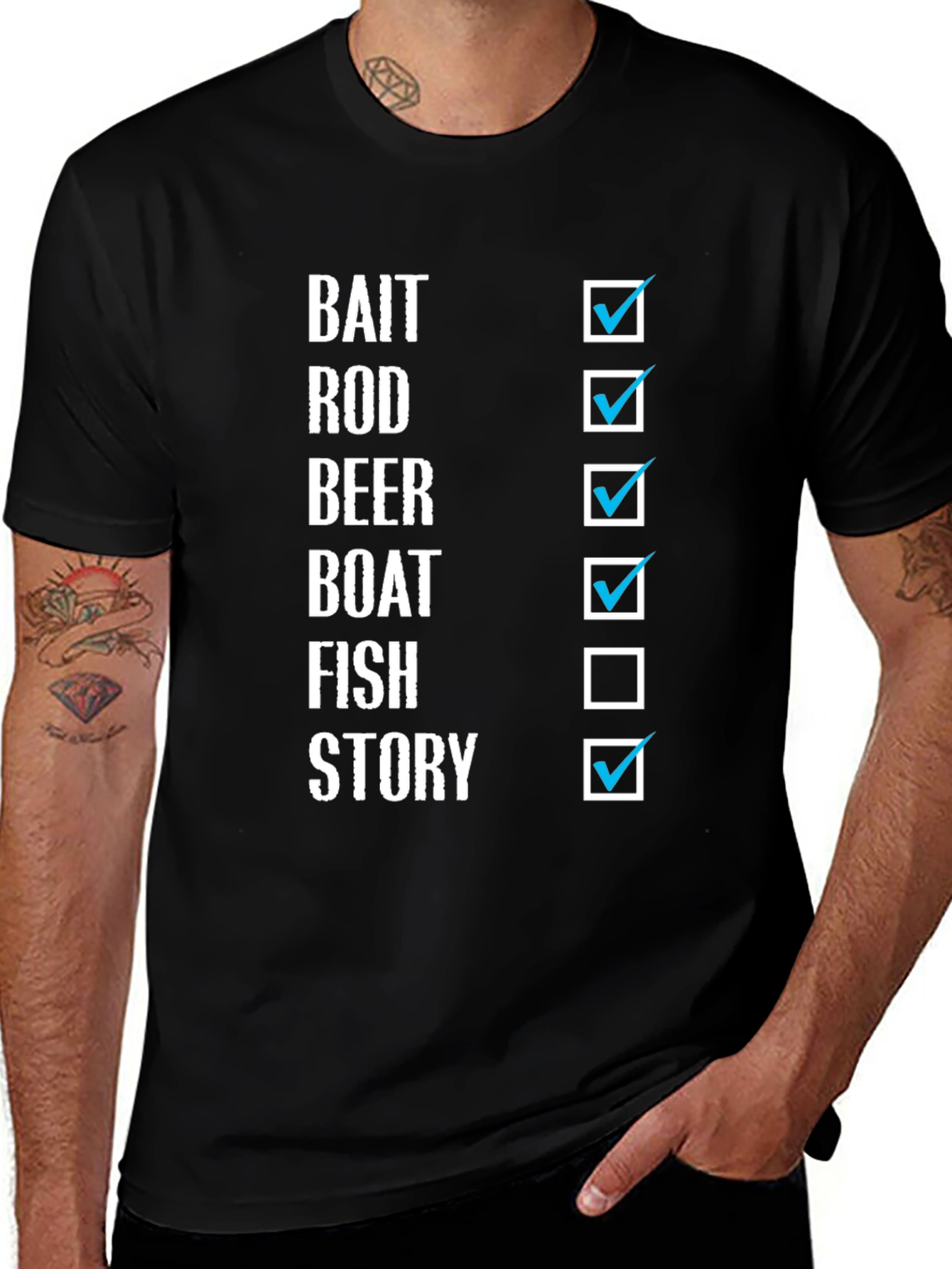 Variant 8 of Fishing Checklist T-Shirt: Bait, Rod, Beer, Boat, Fish, Story