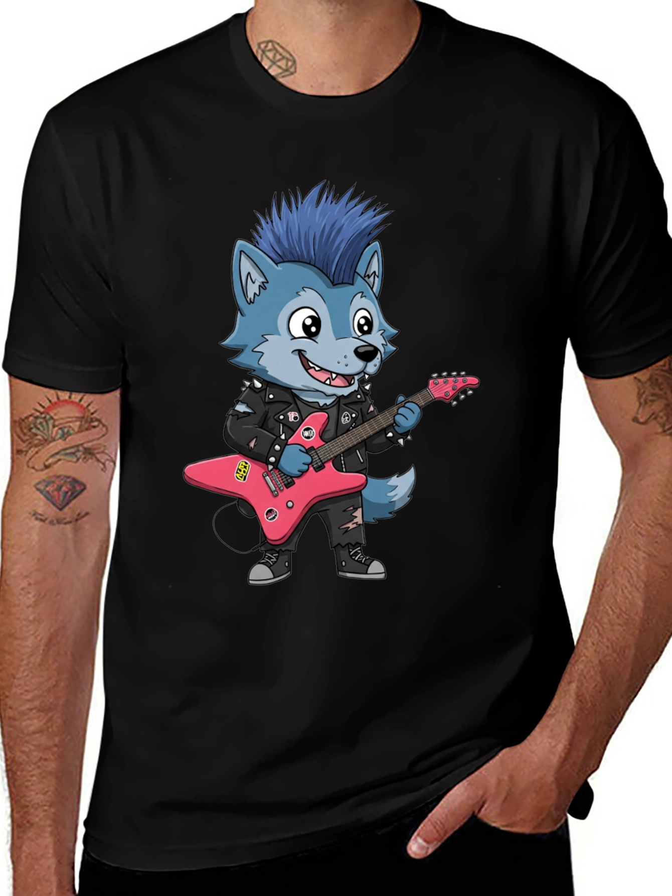 Cool Wolf Rocker Graphic Tee - Black Cotton T-Shirt