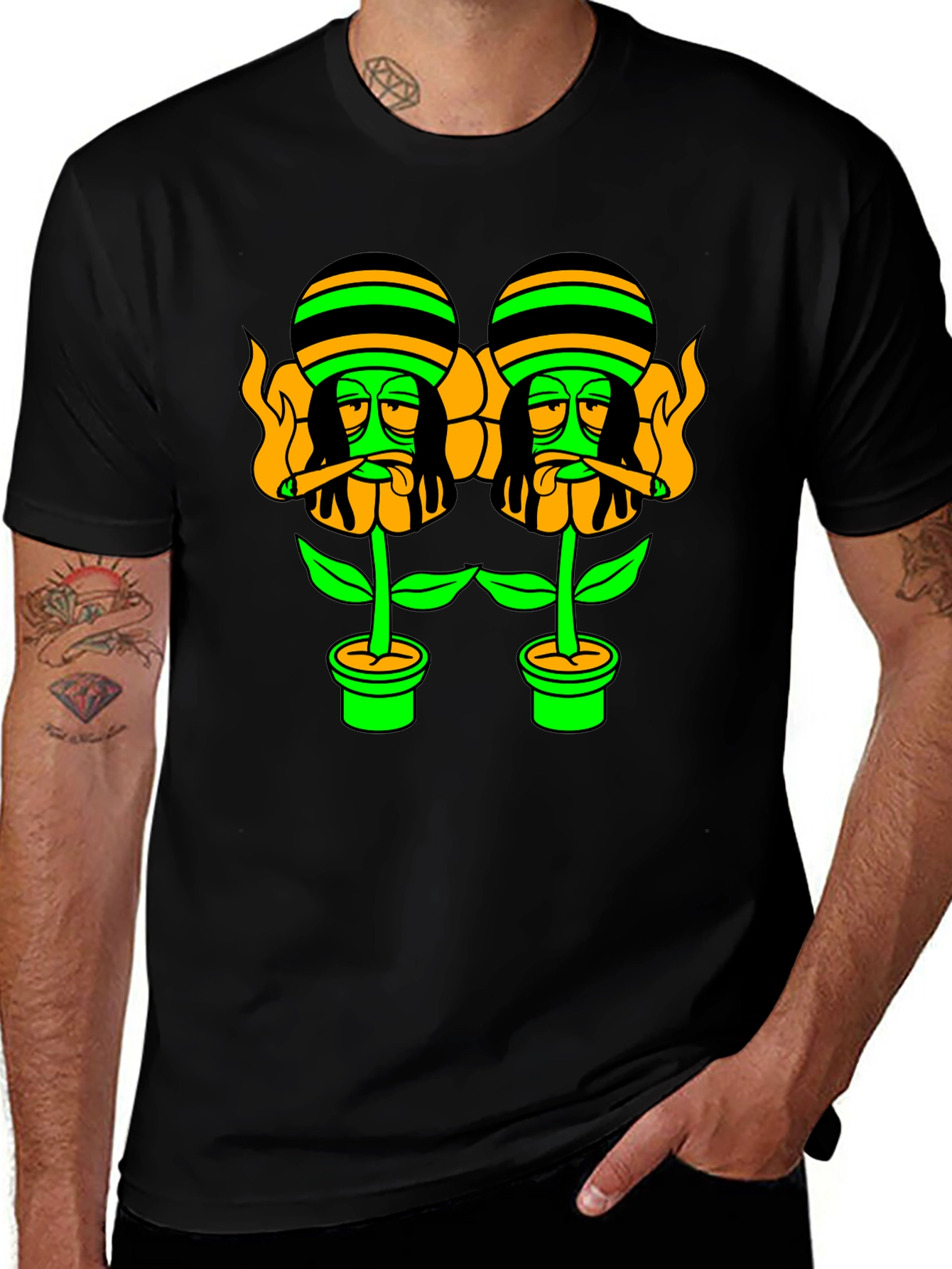 Variant 16 of Rasta Flower Pot Graphic Tee - Black