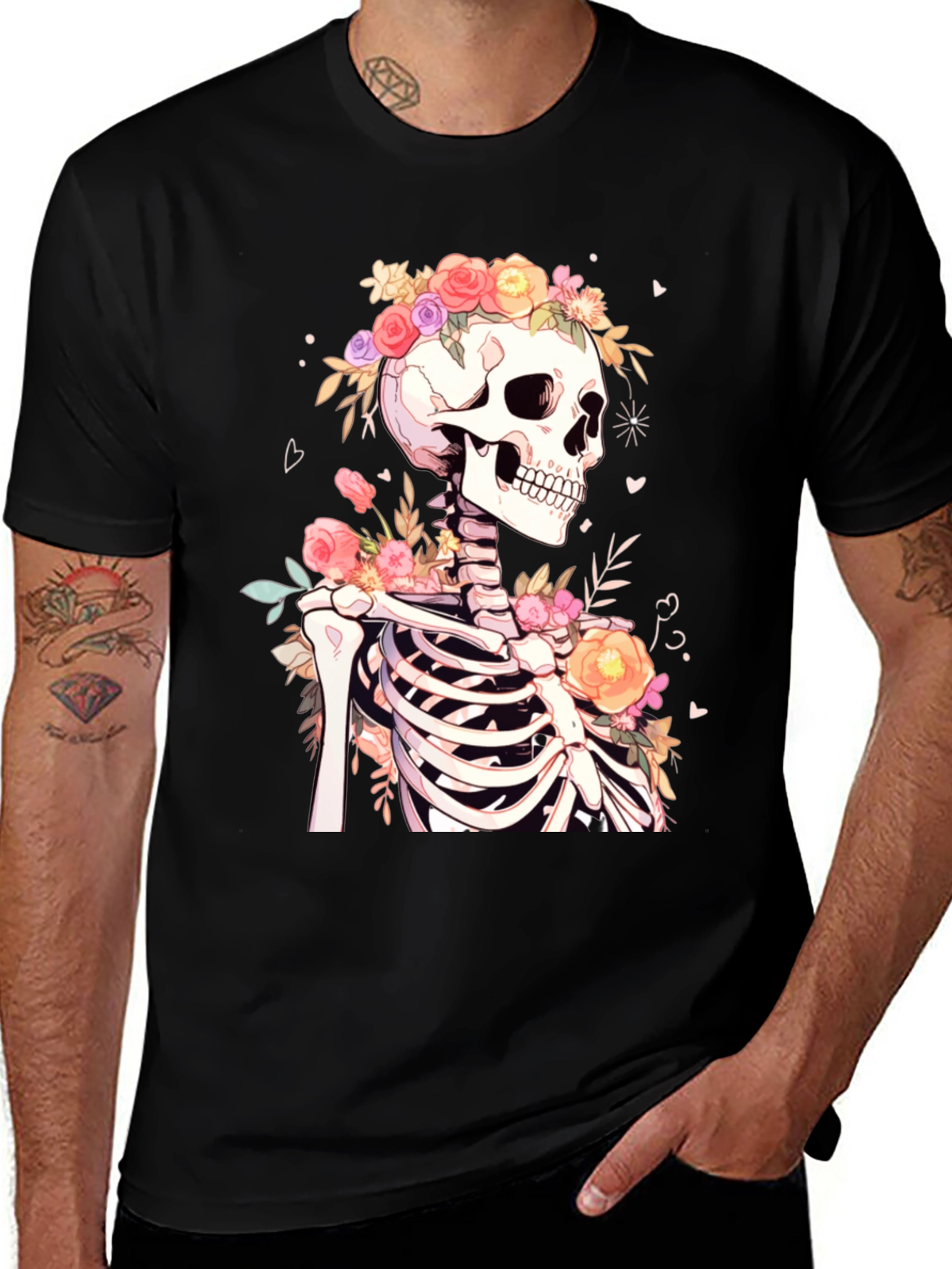Variant 6 of Floral Skeleton Graphic Tee - Men's Black T-Shirt