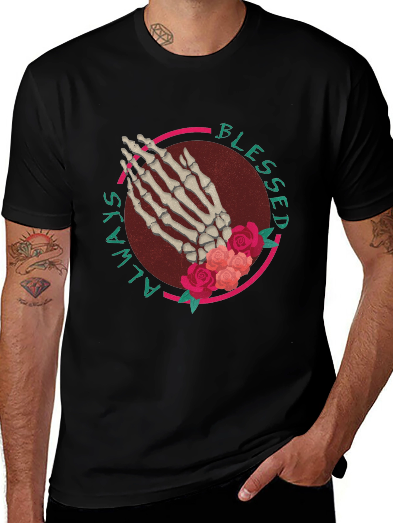 Variant 28 of Always Blessed T-Shirt Skeleton Hands and Roses Graphic Print Tee