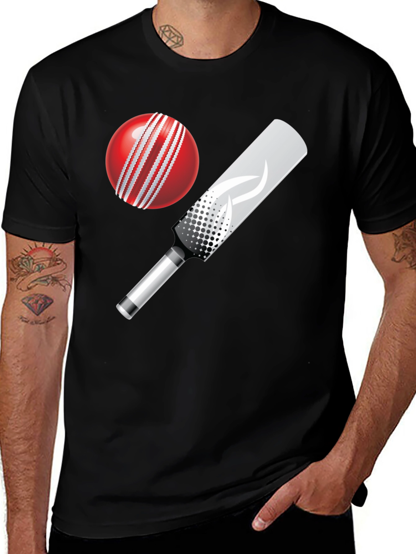 Variant 23 of Cricket Ball and Bat Graphic Tee - Black Cotton