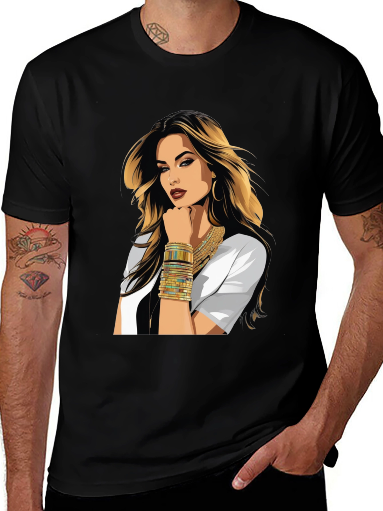 Variant 6 of Black Graphic Tee - Glam Woman Print