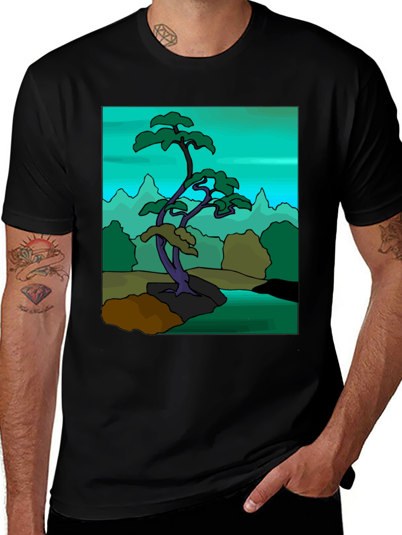Artistic Bonsai Tree Graphic T-Shirt - Black