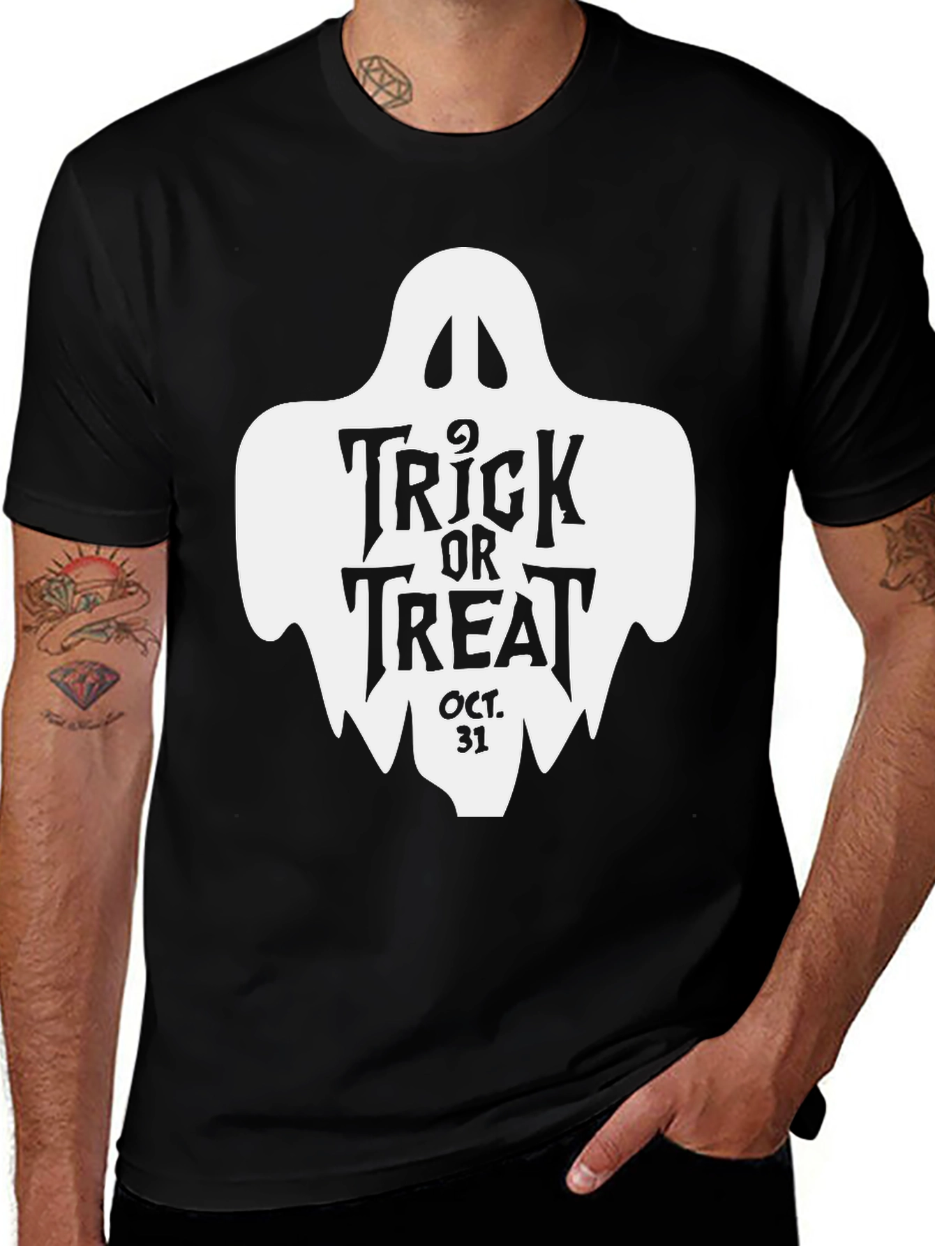 Trick or Treat Halloween Ghost Black Graphic Tee