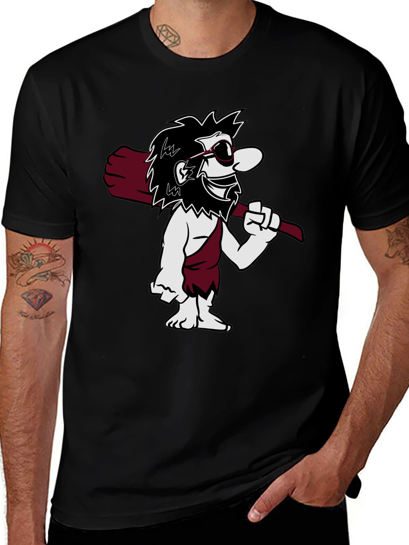 Variant 16 of Cool Caveman Cartoon Graphic Tee - Black