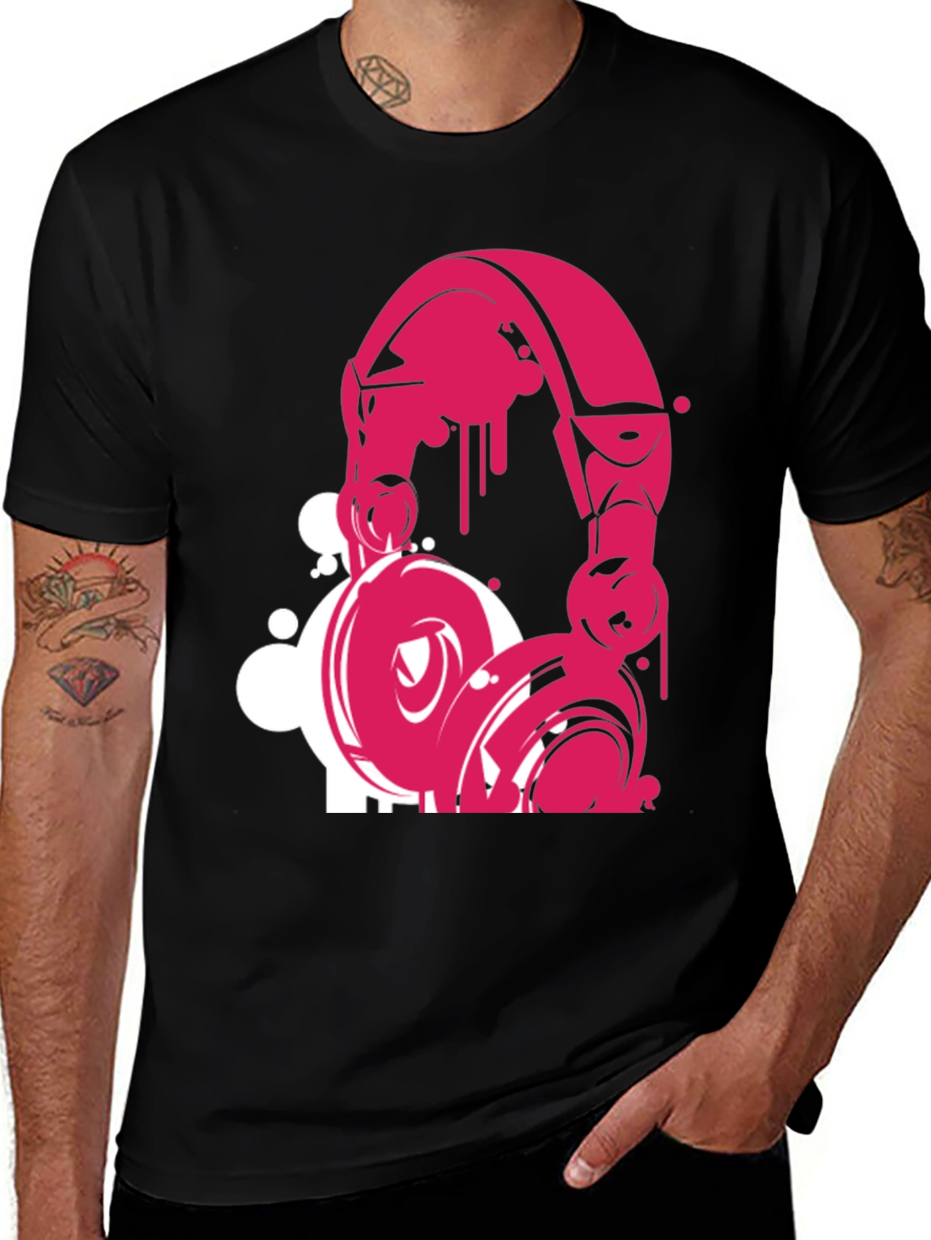 Variant 6 of Pink Headphone Graphic Black T-Shirt
