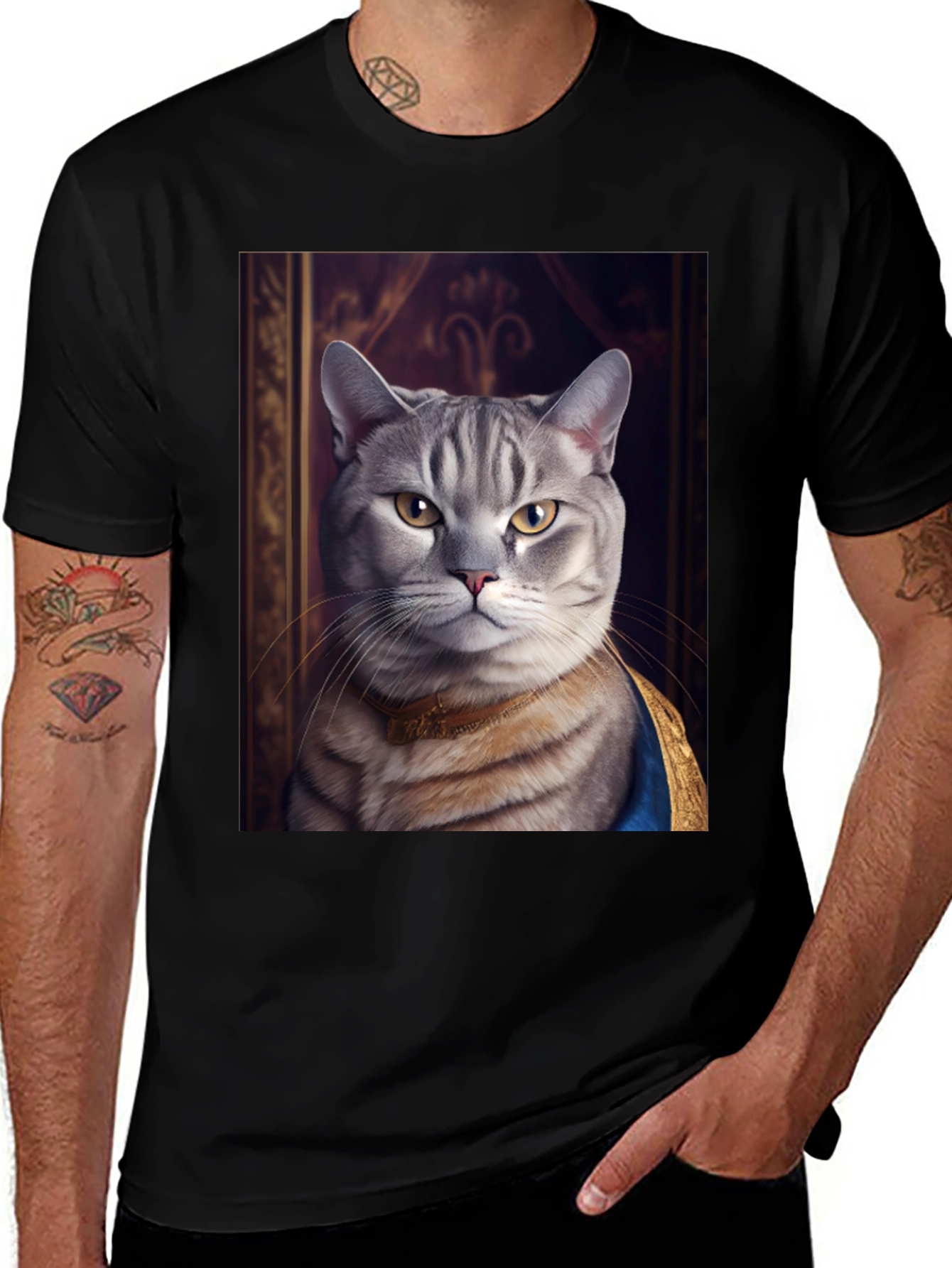 Black Regal Cat Portrait T-Shirt - Funny Pet Tee main image