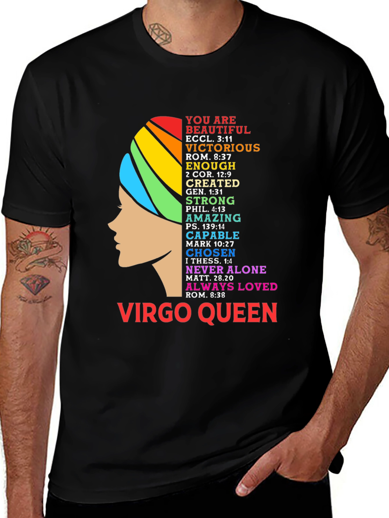 Virgo Queen Black T-Shirt with Rainbow Design