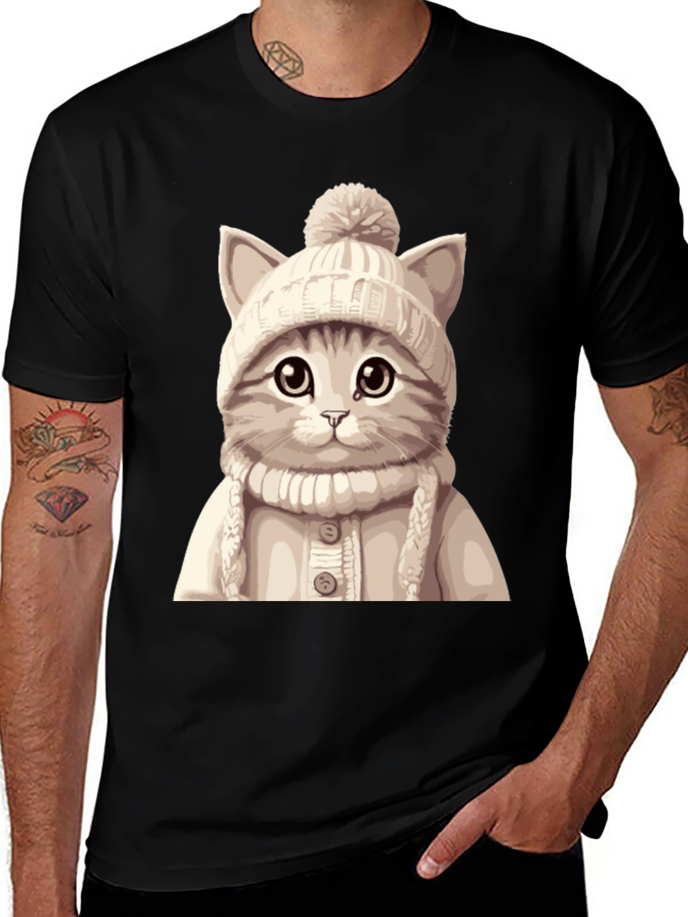 Variant 18 of Cute Cat in Winter Hat Black T-Shirt