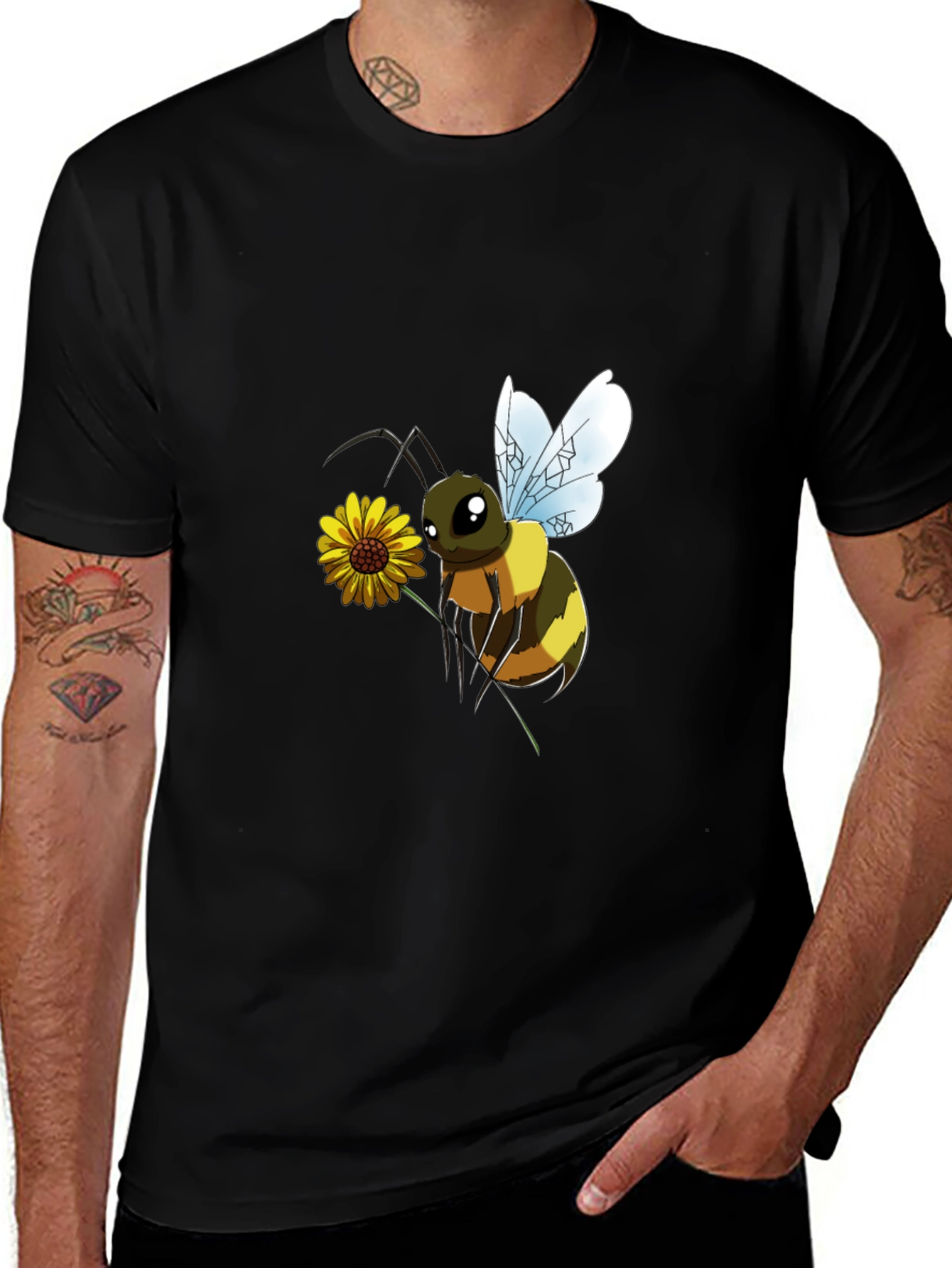 Cartoon Bee & Flower Black T-Shirt