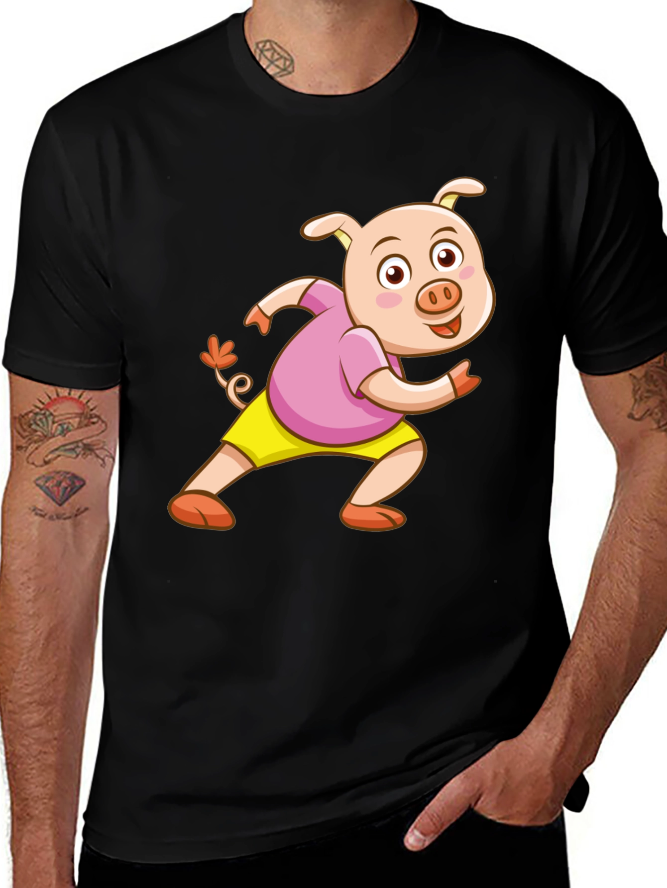 Black Cartoon Pig Black T-Shirt main image