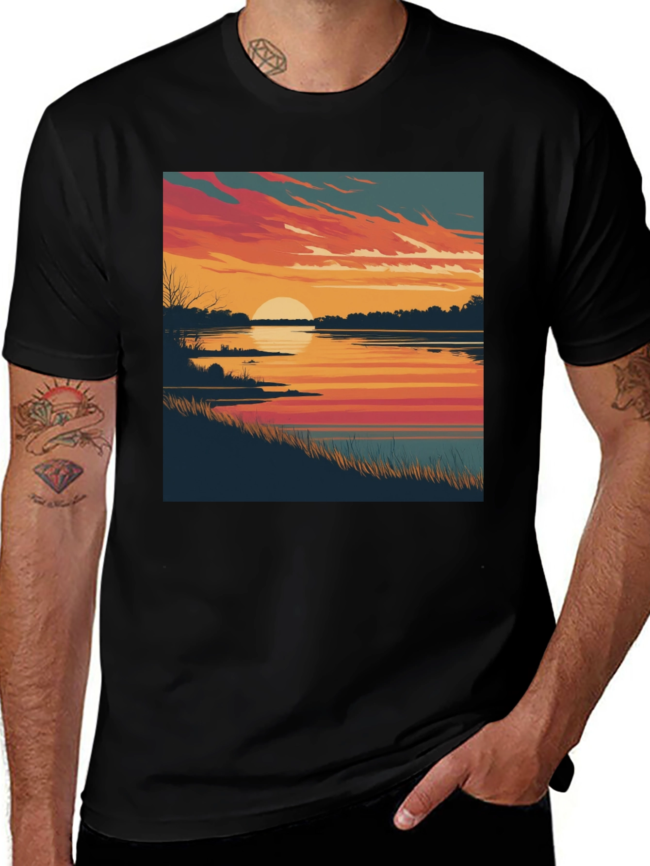 Variant 4 of Sunset Lake Graphic Tee - Black Cotton Blend Comfort