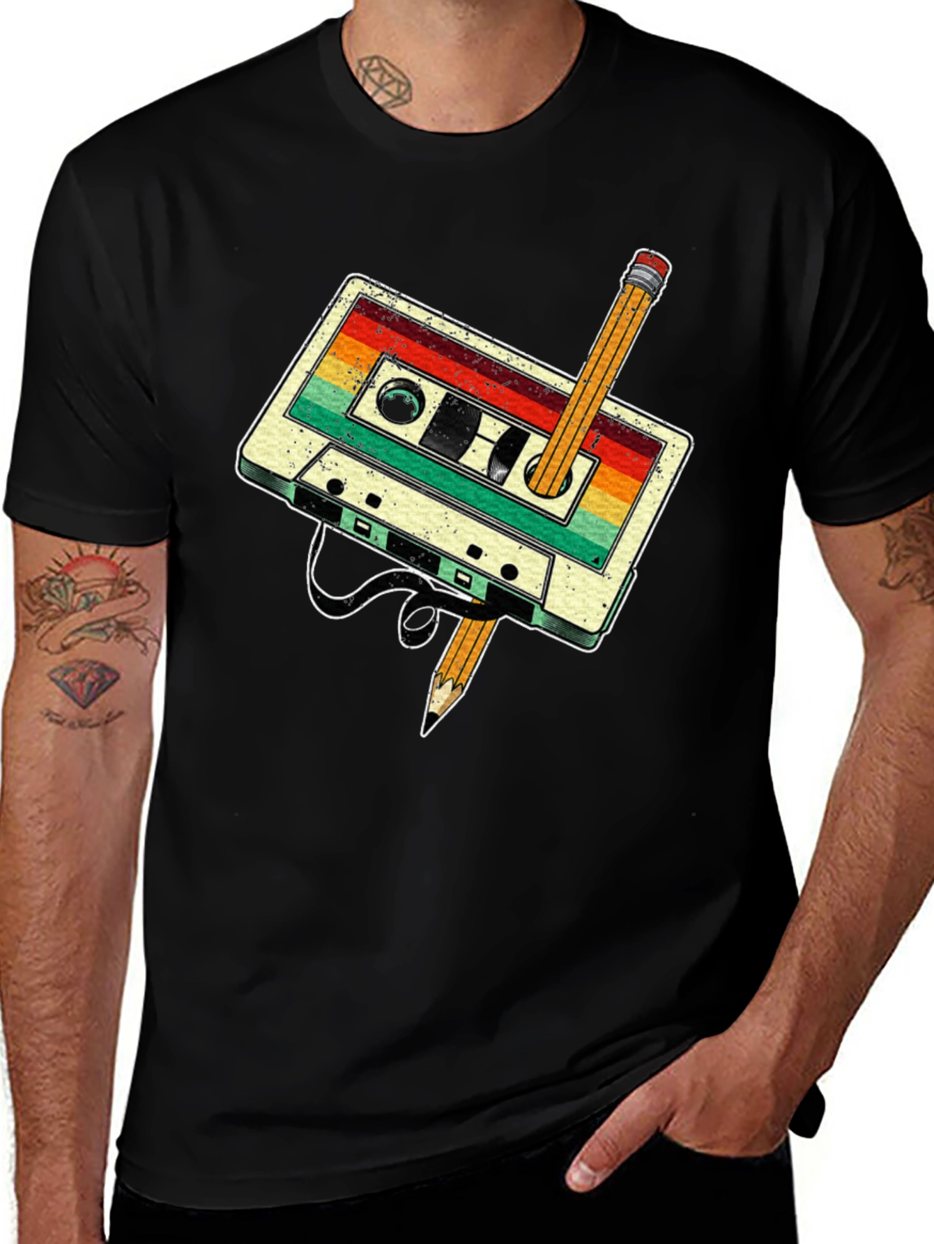 Variant 7 of Retro Cassette Tape & Pencil Graphic Tee - Vintage Style